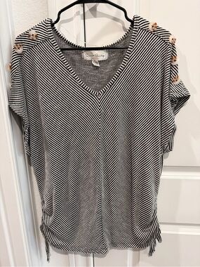 French Laundry Black and White Striped V-Neck Top with Button Shoulder Detail
